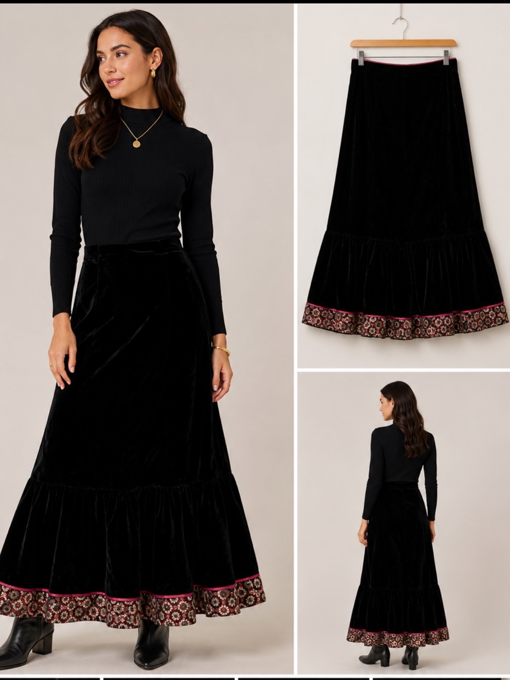 Scott McClintock Black velvet Maxi Skirt with Patterned Hem size XS Whimsigoth